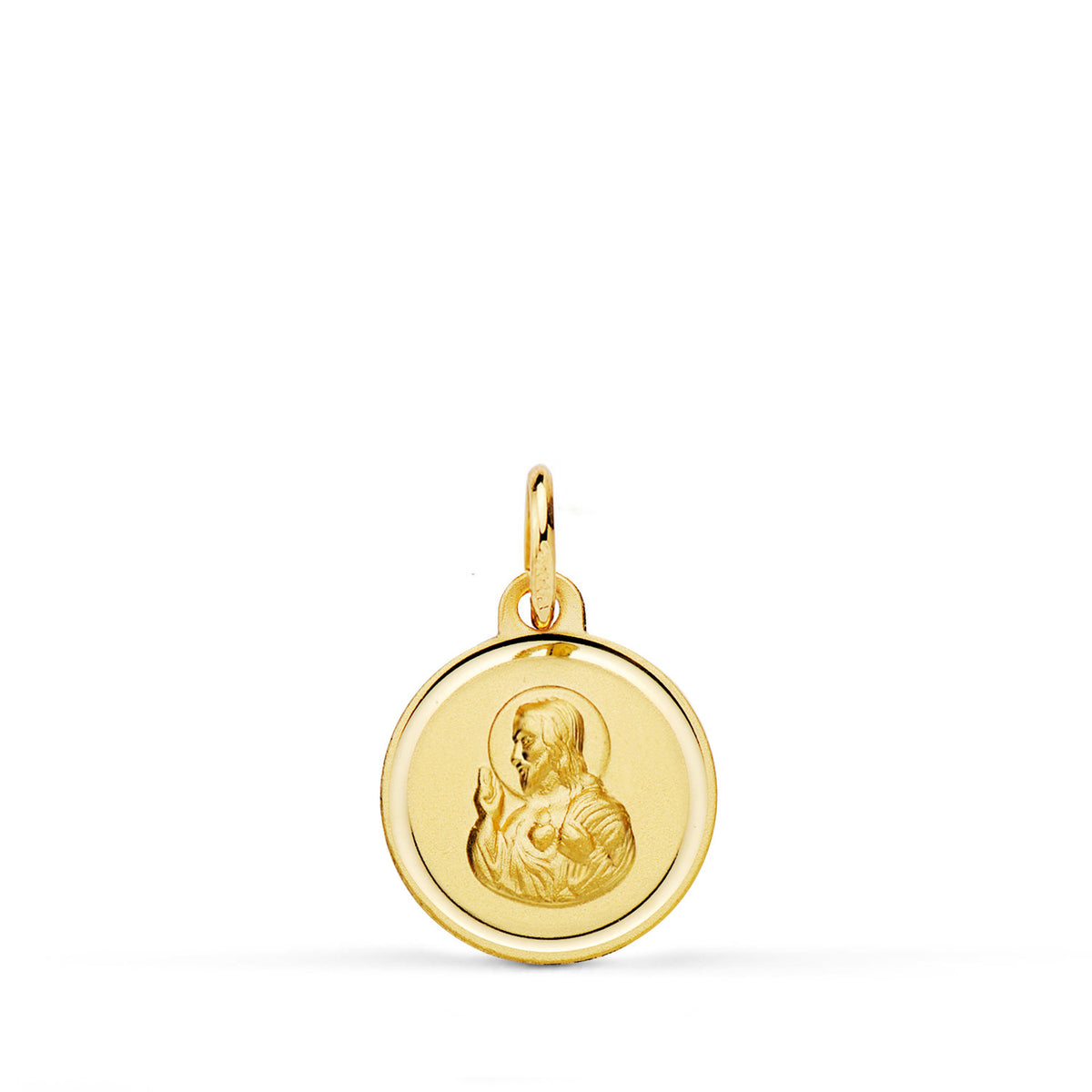 Medalla Cristo Sagrado Corazon de Jesus Bisel 12 mm de oro amarillo 18K