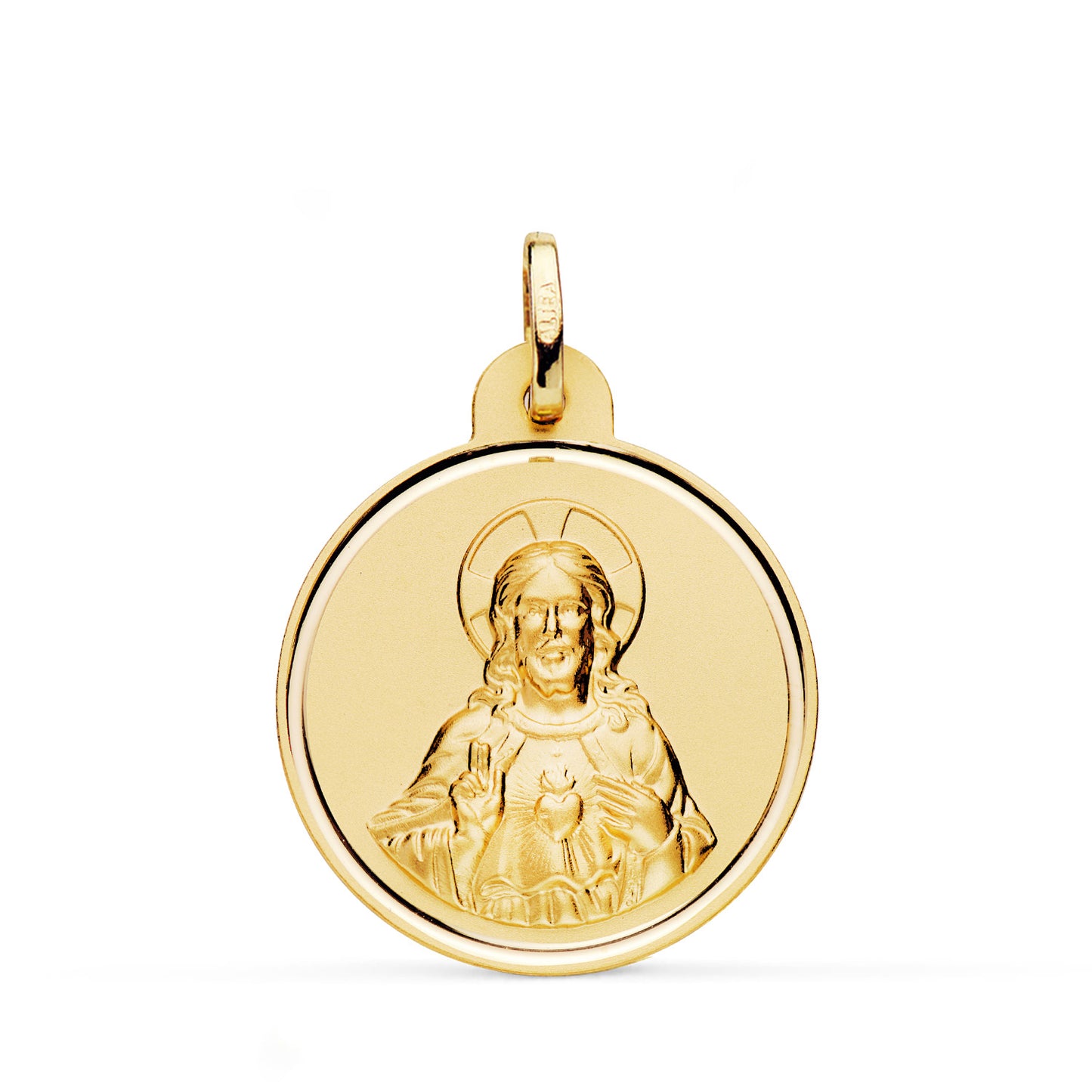 Medalla Cristo Sagrado Corazon de Jesus Bisel 24 mm de oro amarillo 18K
