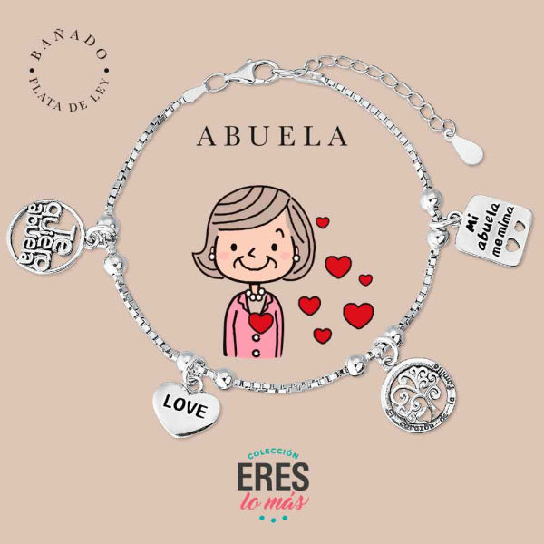 Pulsera eres lo más abuela metal bañado en plata con cuatro colgantes