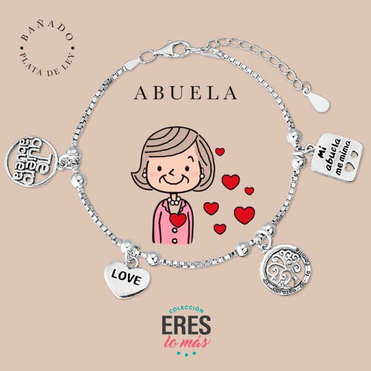 Pulsera eres lo más abuela metal bañado en plata con cuatro colgantes