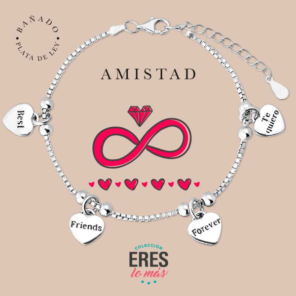 Pulsera eres lo más amistad metal bañado en plata con cuatro colgantes