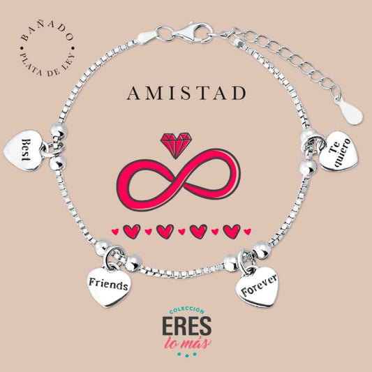 Pulsera eres lo más amistad metal bañado en plata con cuatro colgantes
