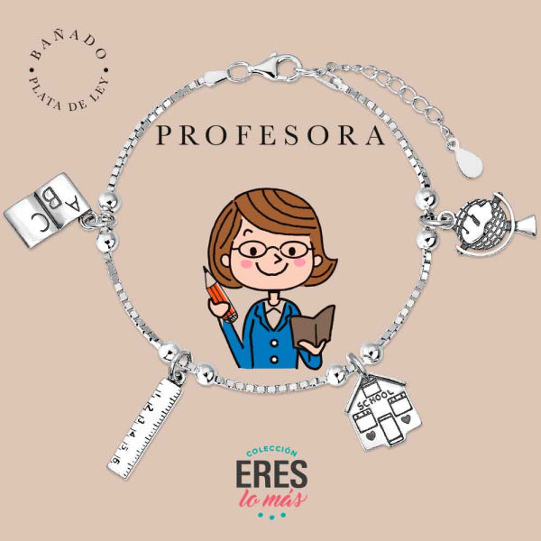 Pulsera eres lo más profesora metal bañado en plata con cuatro colgantes
