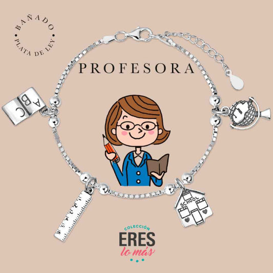 Pulsera eres lo más profesora metal bañado en plata con cuatro colgantes
