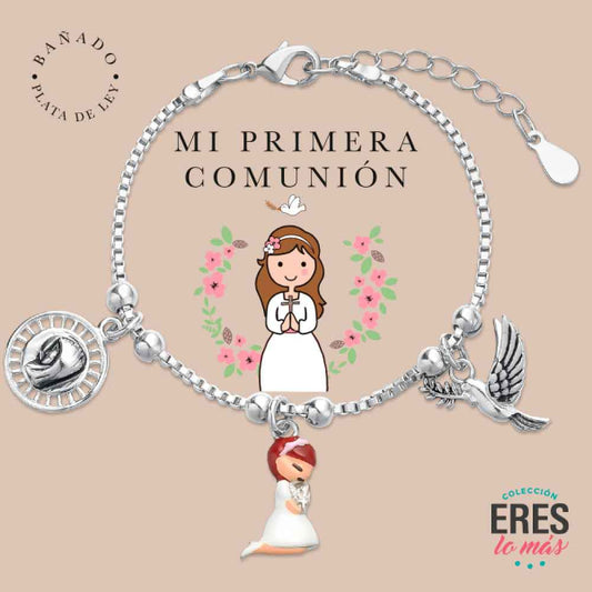Pulsera eres lo más comunión metal bañado en plata con tres colgantes