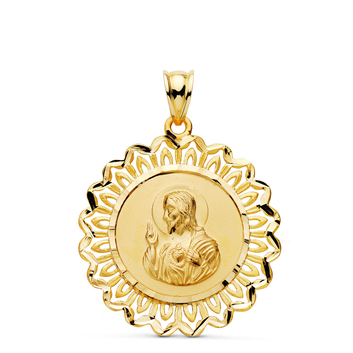 Medalla Escapulario Cerco Corazon de Jesus y V Carmen 31 x 28 mm de oro amarillo 18K