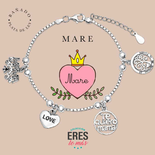 Pulsera eres lo más mare metal bañado en plata con cuatro colgantes