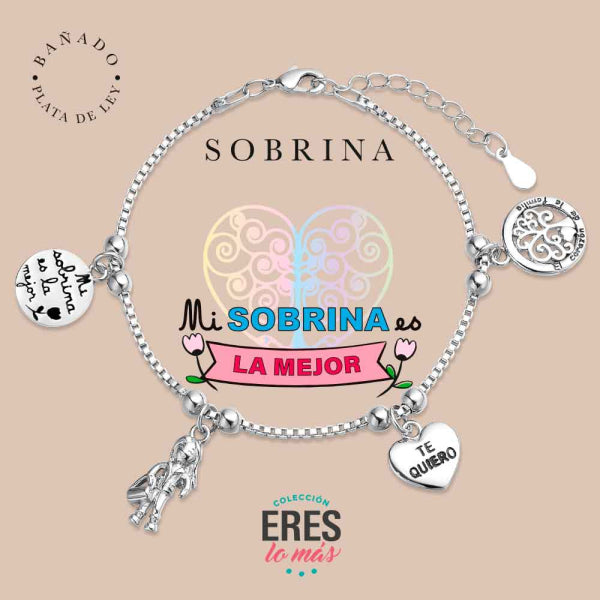 Pulsera eres lo más familia sobrina metal bañado en plata con cuatro colgantes