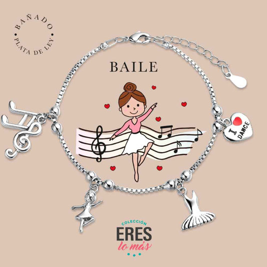 Pulsera eres lo más baile metal bañado en plata con cuatro colgantes