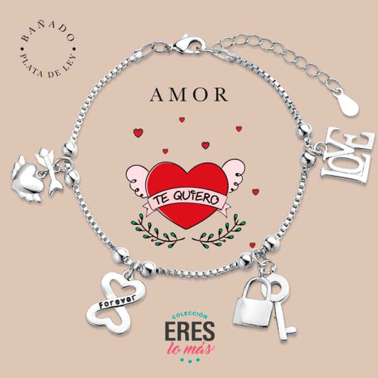 Pulsera eres lo más amor metal bañado en plata con cuatro colgantes