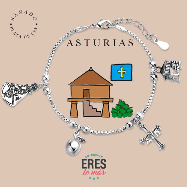 Pulsera eres lo más Asturias metal bañado en plata con cuatro colgantes