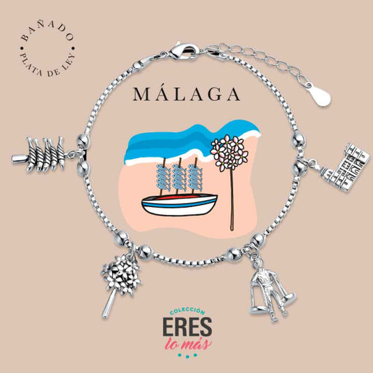 Pulsera eres lo más Málaga metal bañado en plata con cuatro colgantes