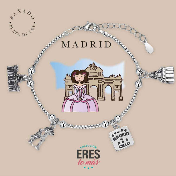 Pulsera eres lo más Madrid metal bañado en plata con cuatro colgantes