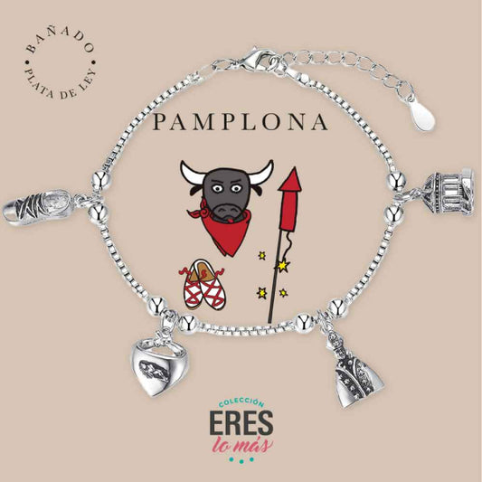 Pulsera eres lo más Pamplona metal bañado en plata con cuatro colgantes