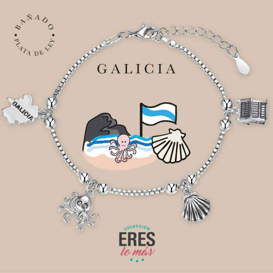 Pulsera eres lo más Galicia metal bañado en plata con cuatro colgantes