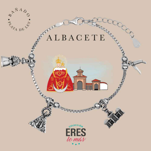 Pulsera eres lo más Albacete metal bañado en plata con cuatro colgantes