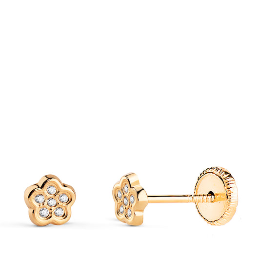 18K PENDIENTES ORO AMARILLO FLOR CON CIRCONITAS MEDIDA: 5 X 4,5 MM. CIERRE TUERCA