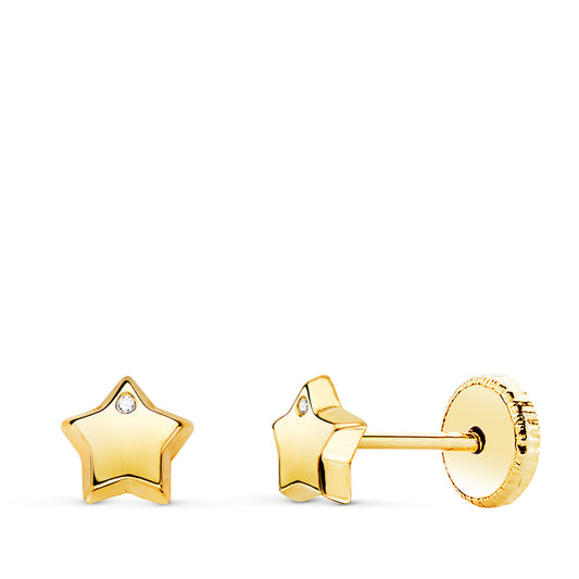 Pendientes con Estrella y Circonita Brillo 5,5 x 5,5 mm. Cierre Tuerca de oro amarillo 18K