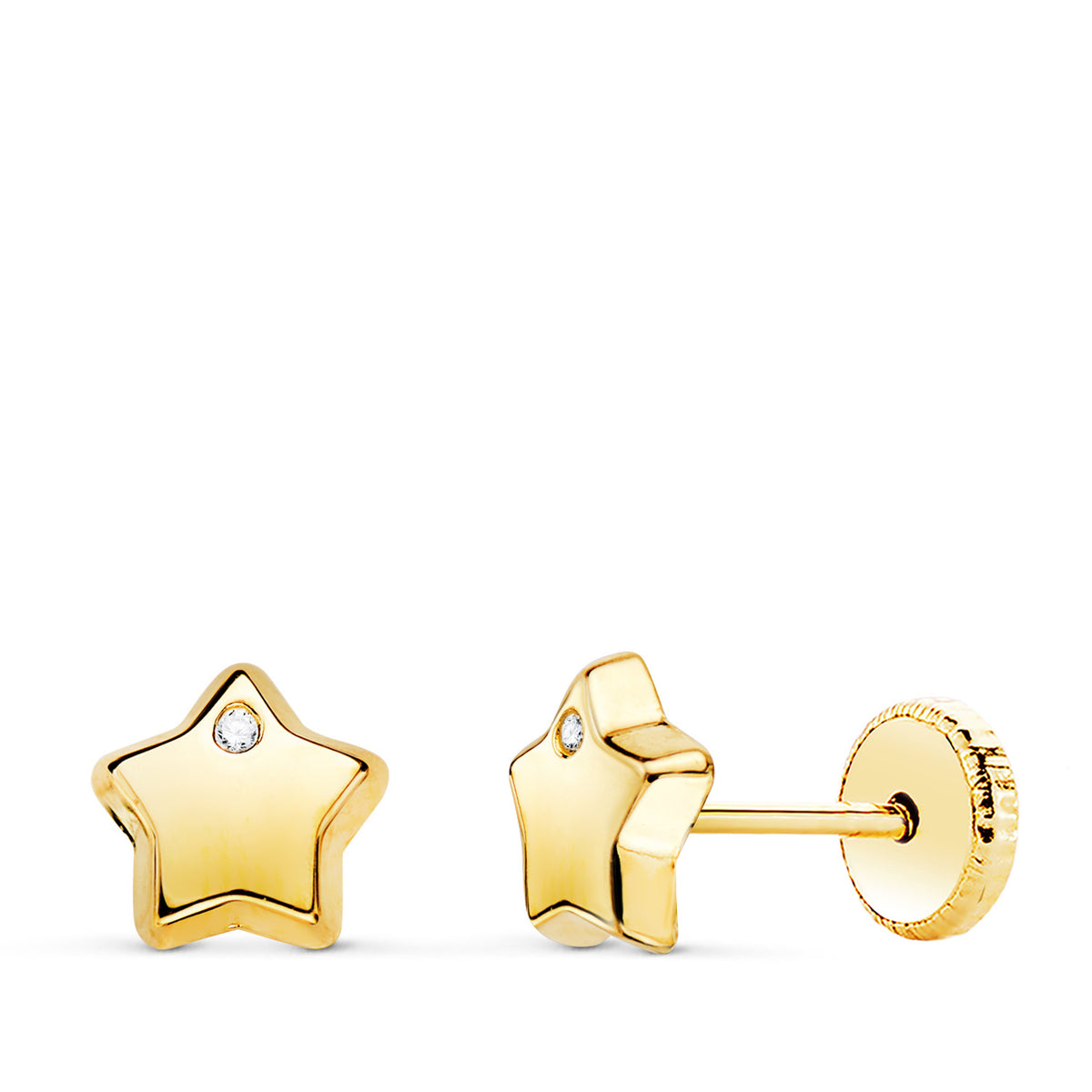Pendientes con Estrella y Circonita Brillo 6,5 x 6,5 mm. Cierre Tuerca de oro amarillo 18K