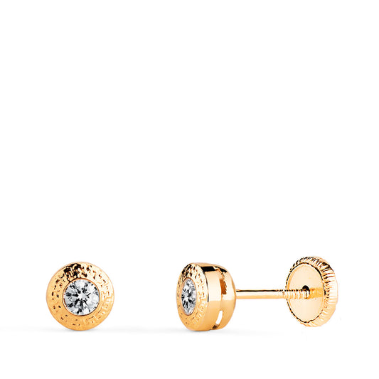 18K PENDIENTES ORO AMARILLO CHATON REDONDOS 5 MM CON GRECA Y CIRCONITA. CIERRE TUERCA