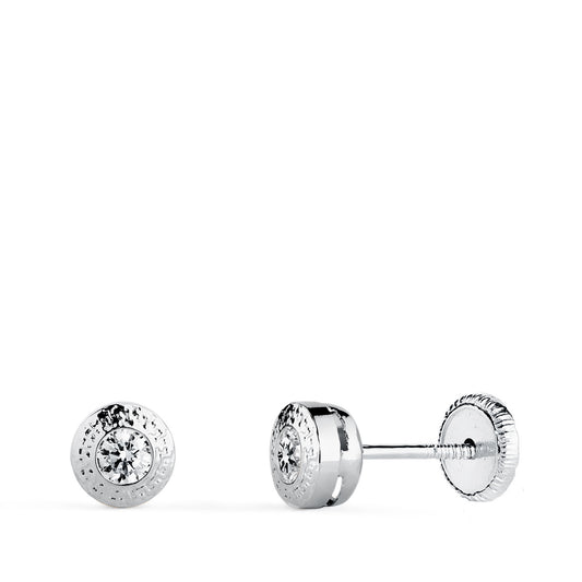 18K PENDIENTES ORO AMARILLO CHATON REDONDOS 5 MM CON GRECA Y CIRCONITA 3 MM. CIERRE TUERCA