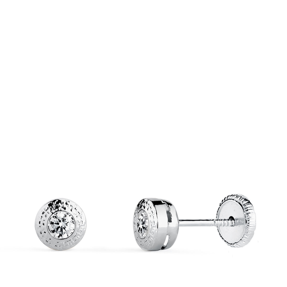 Pendientes Chaton Redondos 5 mm con Greca y Circonita 3 mm. Cierre Tuerca de oro amarillo 18K