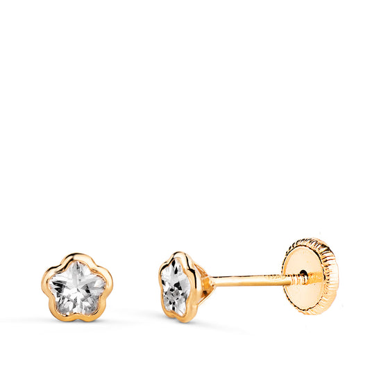 18K PENDIENTES ORO AMARILLO CHATON FLOR CIRCONITA. MEDIDA: 4,5 X 4,5 MM CIERRE TUERCA