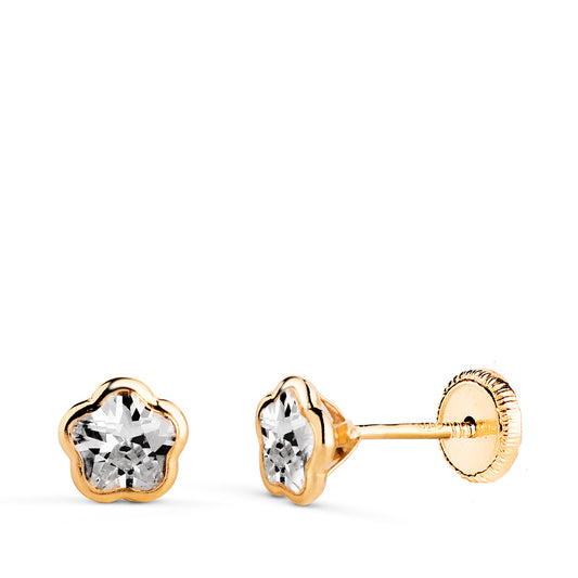 18K PENDIENTES ORO AMARILLO CHATON FLOR CIRCONITA. MEDIDA: 5,5 X 5,5 MM CIERRE TUERCA