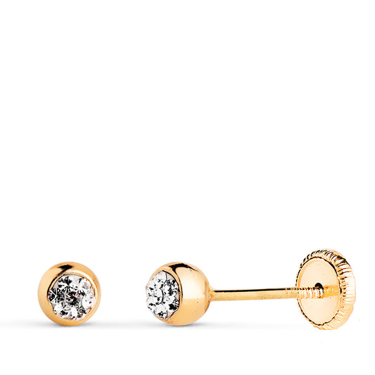 Pendientes Bola en Brillo con Circonitas. Medida: 4 mm. Cierre Tuerca de oro amarillo 18K