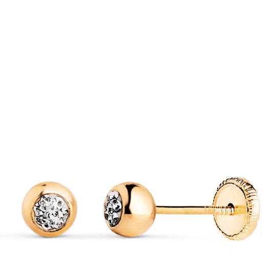 Pendientes Bola en Brillo con Circonitas. Medida: 5 mm. Cierre Tuerca de oro amarillo 18K