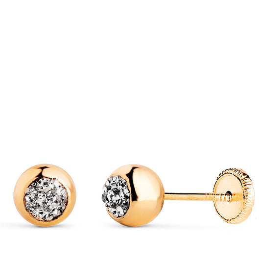 Pendientes Bola en Brillo con Circonitas. Medida: 6 mm. Cierre Tuerca de oro amarillo 18K