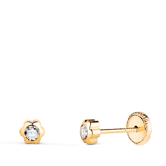 18K PENDIENTES ORO AMARILLO CHATON MARGARITA CON CIRCONITA. MEDIDA: 4 X 4 MM. CIERRE TUERCA
