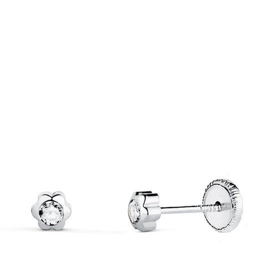 18K PENDIENTES ORO BLANCO CHATON MARGARITA CON CIRCONITA. MEDIDA: 4 X 4 MM. CIERRE TUERCA