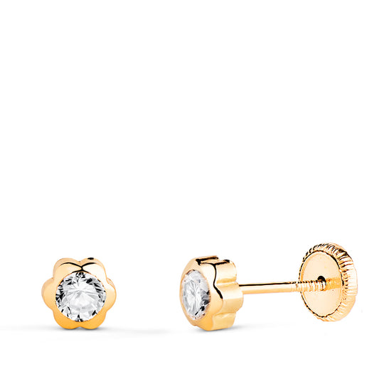 18K PENDIENTES ORO AMARILLO CHATON MARGARITA CON CIRCONITA. MEDIDA: 5 X 5 MM. CIERRE TUERCA