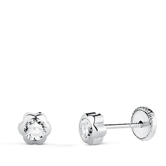 18K PENDIENTES ORO BLANCO CHATON MARGARITA CON CIRCONITA. MEDIDA: 5 X 5 MM. CIERRE TUERCA