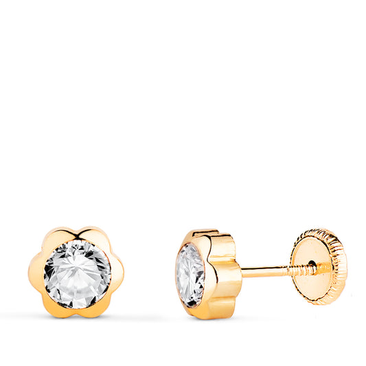 18K PENDIENTES ORO AMARILLO CHATON MARGARITA CON CIRCONITA. MEDIDA: 6 X 6 MM. CIERRE TUERCA