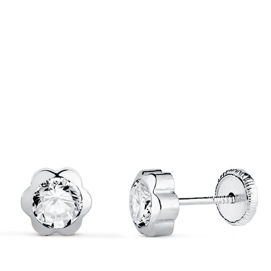 18K PENDIENTES ORO BLANCO CHATON MARGARITA CON CIRCONITA. MEDIDA: 6 X 6 MM. CIERRE TUERCA