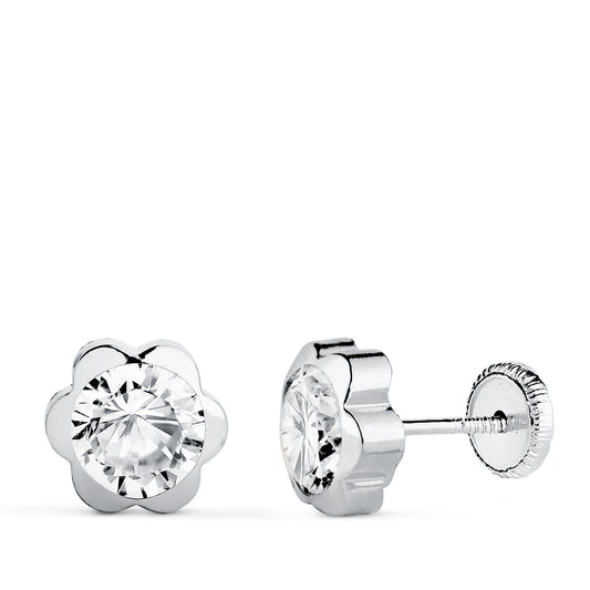18K PENDIENTES ORO BLANCO CHATON MARGARITA CON CIRCONITA. MEDIDA: 7,5 X 7,5 MM. CIERRE TUERCA