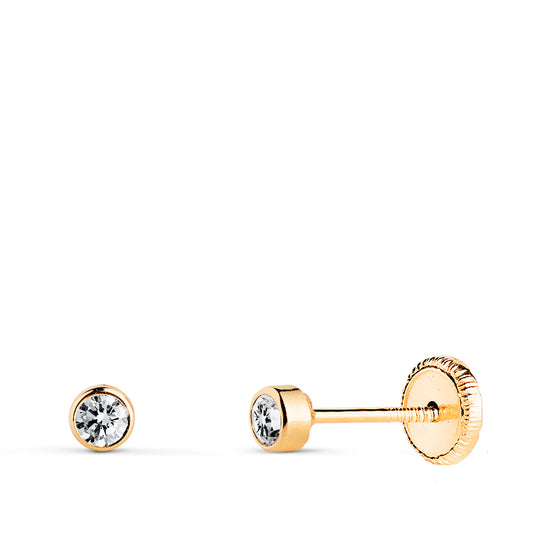 18K PENDIENTES ORO AMARILLO CHATON CIRCONITA REDONDOS TUERCA 3 MM