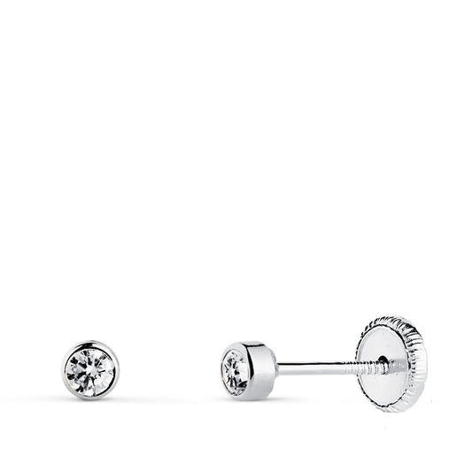 18K PENDIENTES ORO BLANCO CHATON REDONDOS CON CIRCONITA 3 MM CIERRE TUERCA