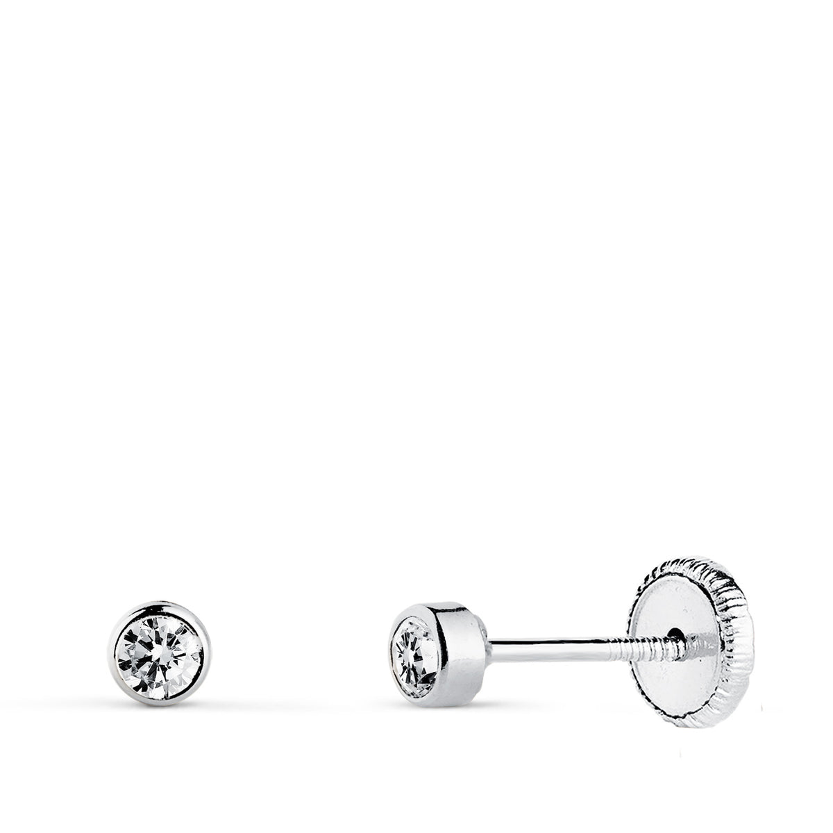 Pendientes Chaton Redondos con Circonita 3 mm Cierre Tuerca de oro blanco 18K