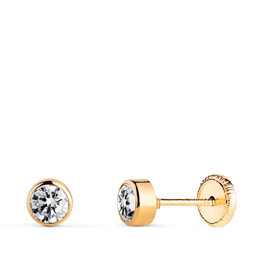 18K PENDIENTES ORO AMARILLO CHATON CIRCONITA REDONDOS 4 MM TUERCA