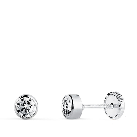 18K PENDIENTES ORO BLANCO CHATON REDONDOS BOCEL CON CIRCONITA 4 MM CIERRE TUERCA
