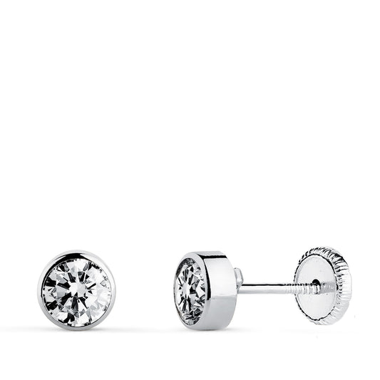 18K PENDIENTES ORO BLANCO CHATON REDONDOS BOCEL CON CIRCONITA 5 MM CIERRE TUERCA