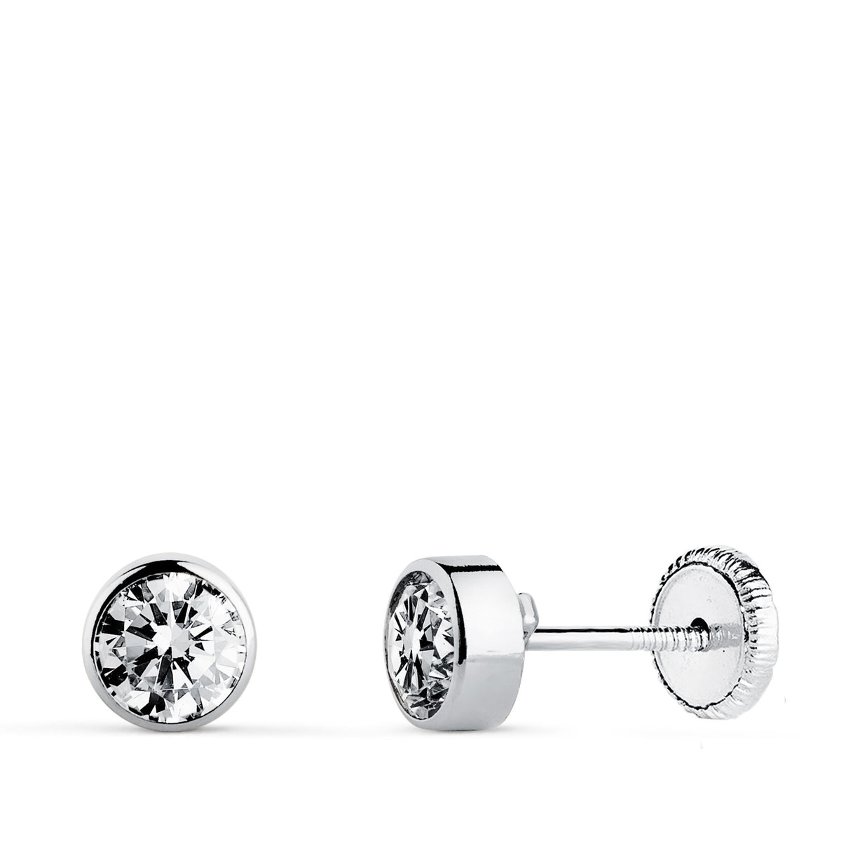 Pendientes Chaton Redondos Bocel con Circonita 5 mm Cierre Tuerca de oro blanco 18K