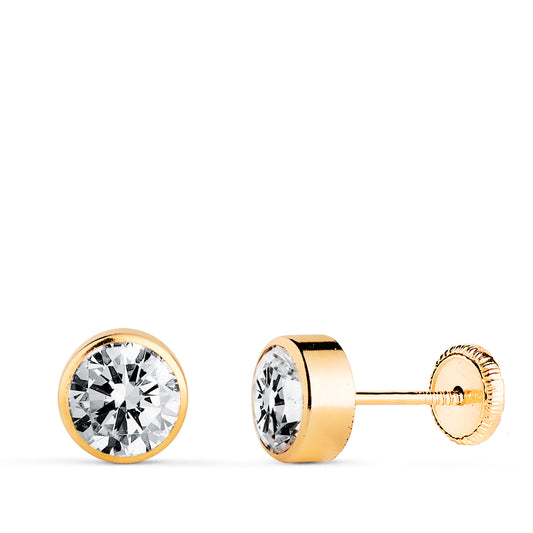 18K PENDIENTES ORO AMARILLO CHATON CIRCONITA REDONDOS 6 MM CIERRE TUERCA