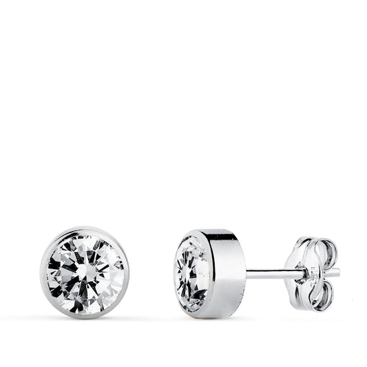 18K PENDIENTES ORO BLANCO CHATON REDONDO CON CIRCONITA 6 MM CIERRE PRESION