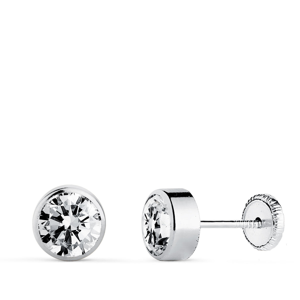 Pendientes Circonita Chaton Redondos 6 mm Tuerca de oro blanco 18K