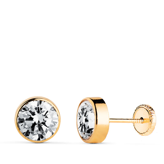 18K PENDIENTES ORO AMARILLO CHATON CIRCONITA REDONDOS 7 MM CIERRE TUERCA