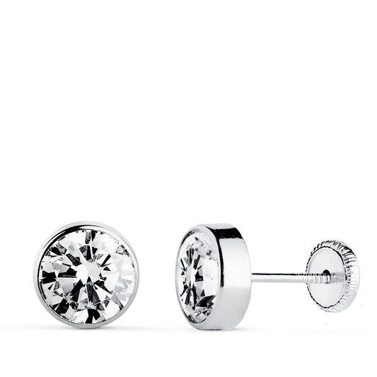 18K PENDIENTES CIRCONITA CHATON REDONDOS 7 MM ORO BLANCO CIERRE TUERCA